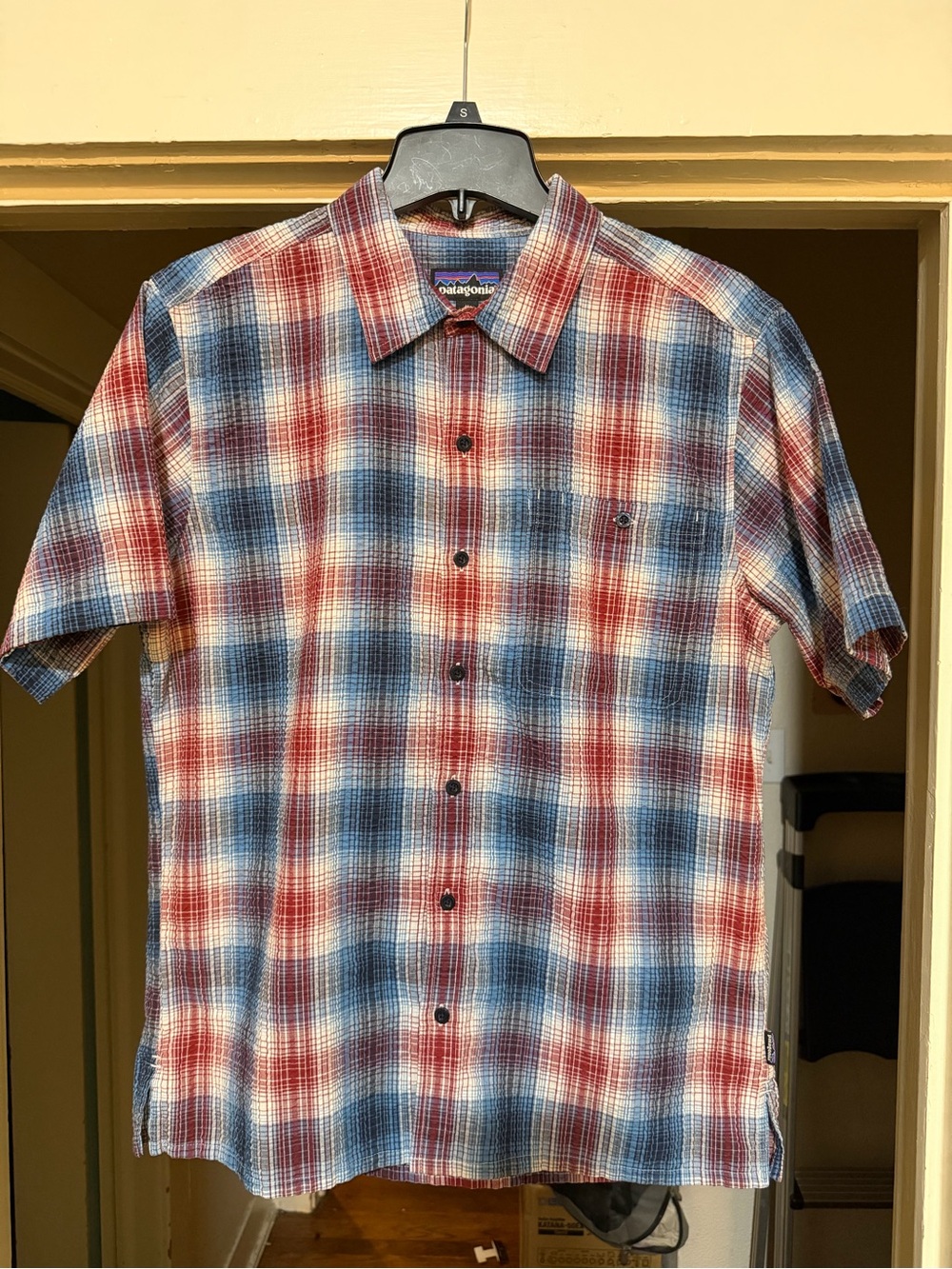 Patagonia Puckerware Short-Sleeve Plaid Button-Up Shirt — Red, Blue & White
